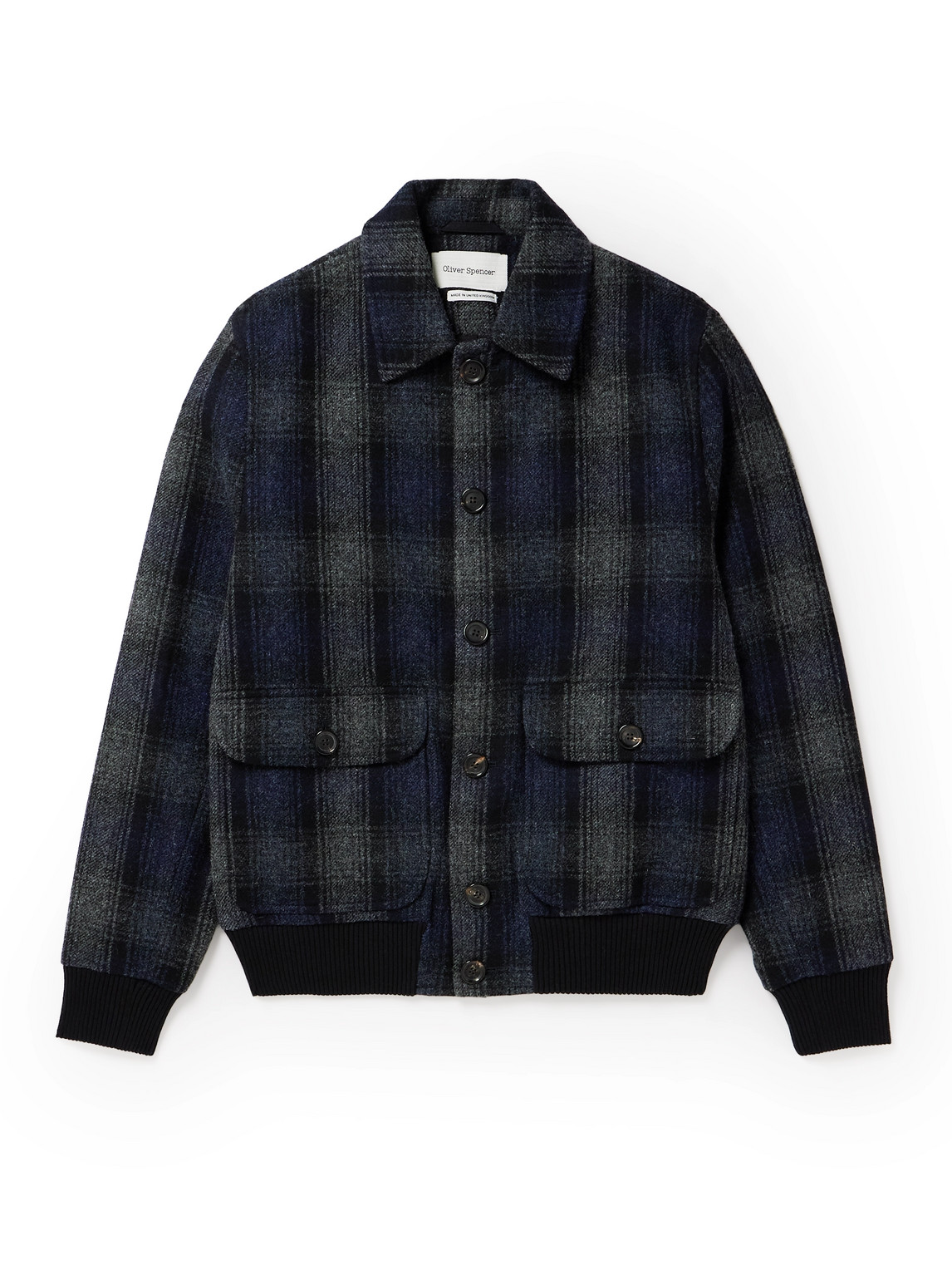 Oliver Spencer Linfield Checked Wool Bomber Jacket In Black