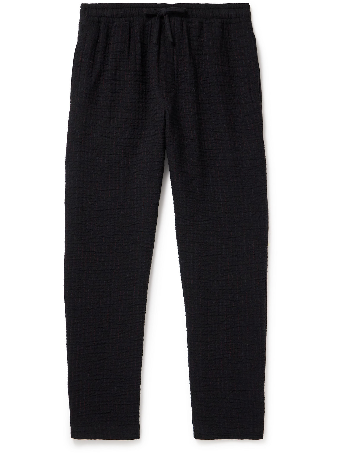 Ymc You Must Create Alva Tapered Crinkled Stretch-cotton And Wool-blend Drawstring Trousers In Black