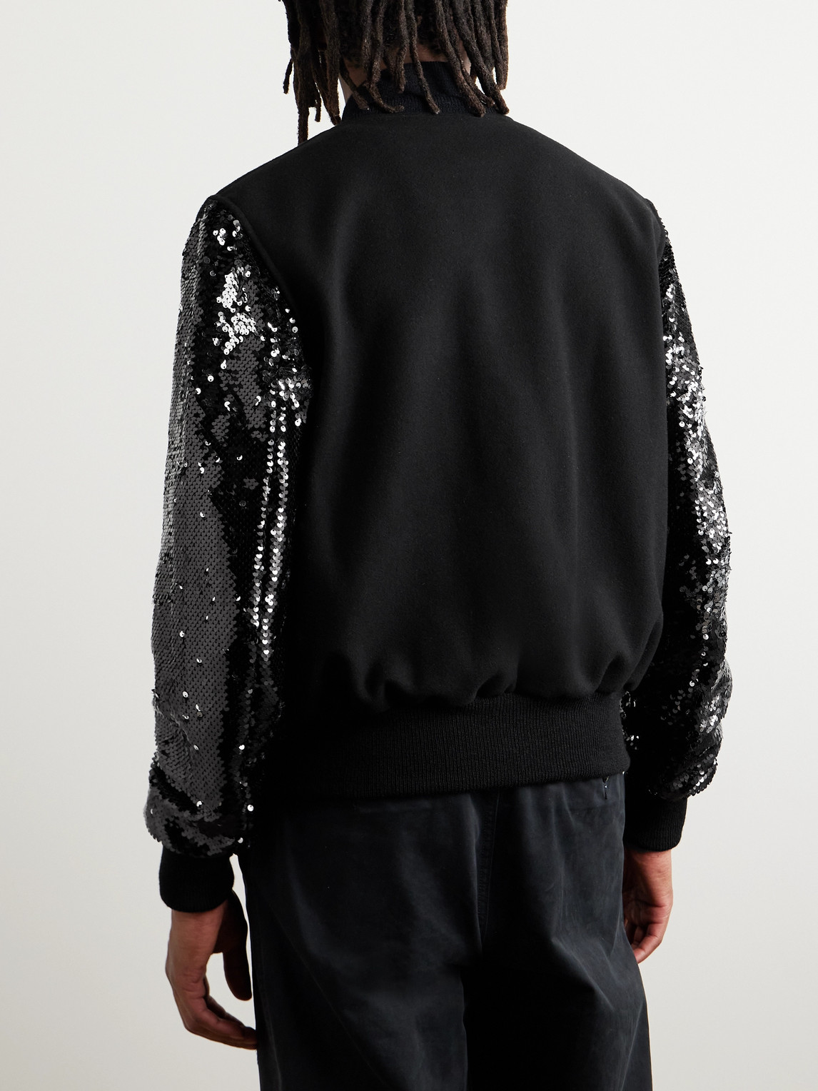 Shop Golden Bear The Albany Sequin-embellished Wool-blend And Leather Bomber Jacket In Black