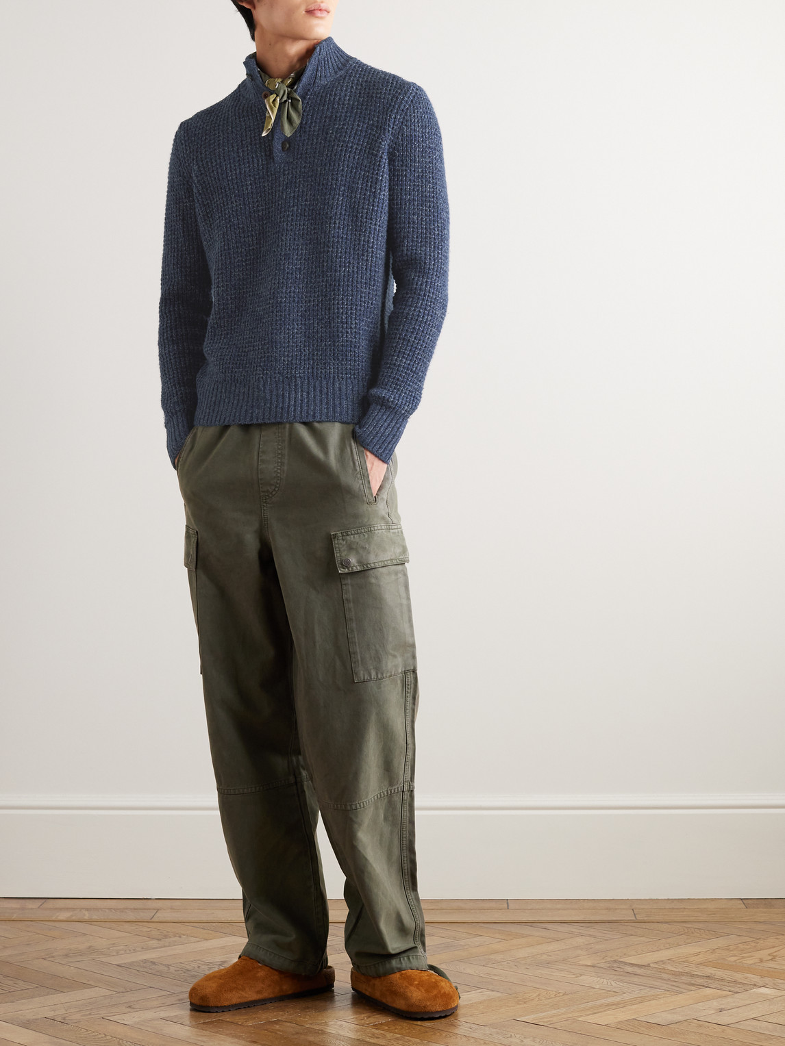 Shop Faherty Waffle-knit Wool And Cashmere-blend Sweater In Blue