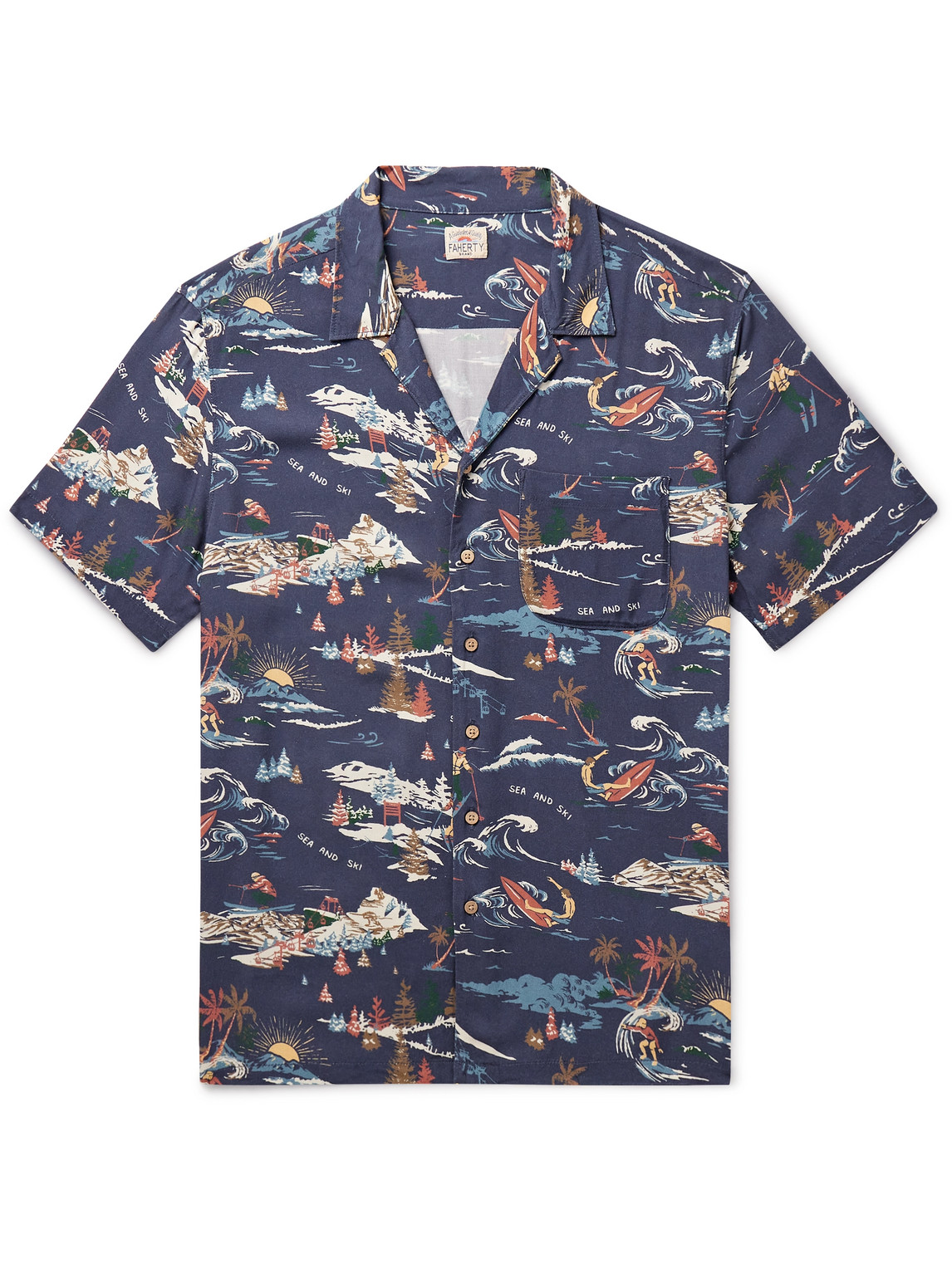 Faherty Camp-collar Printed Jersey Shirt In Blue