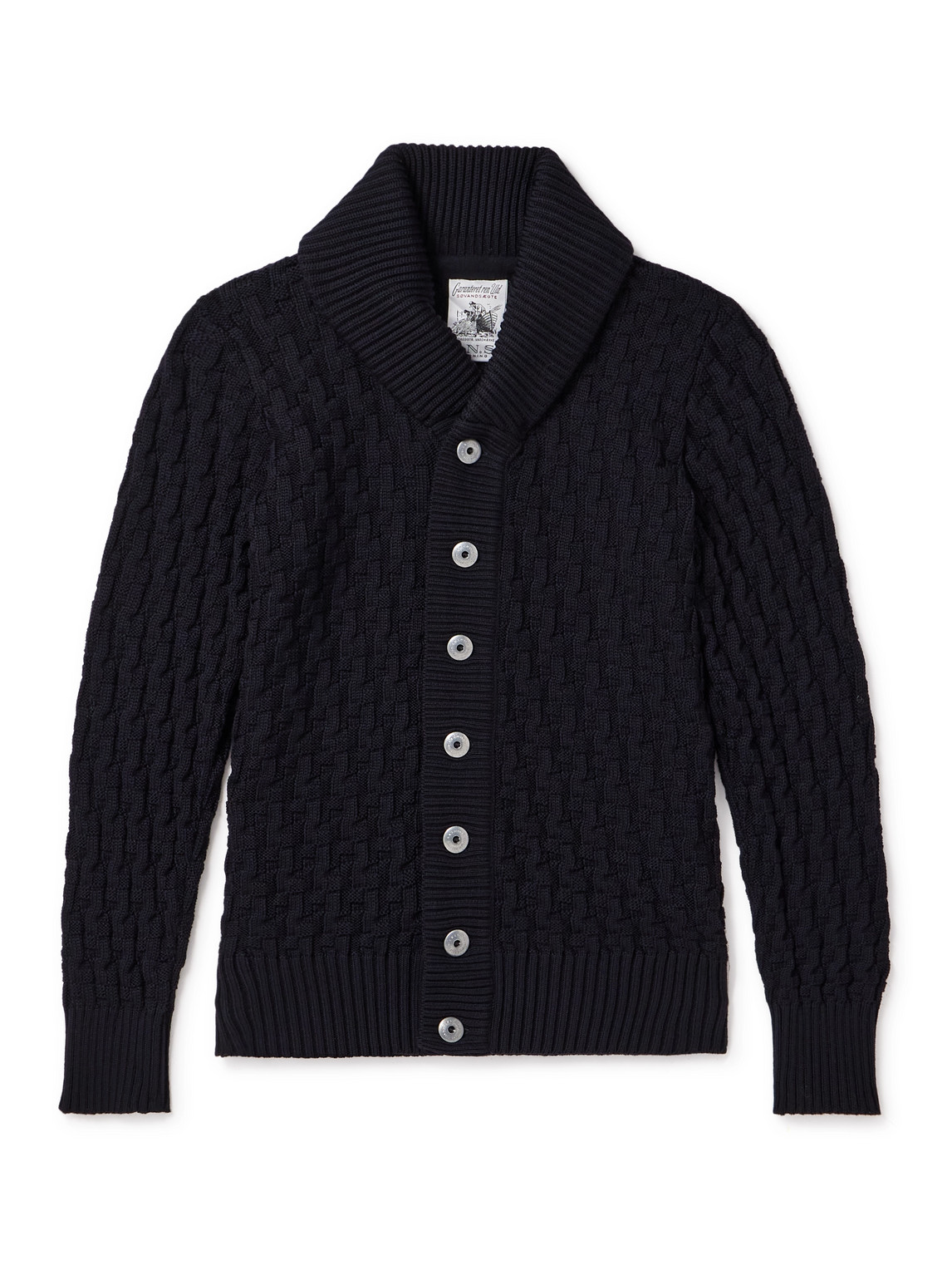 S.n.s Herning Stark Shawl-collar Cable-knit Virgin Wool Cardigan In Blue