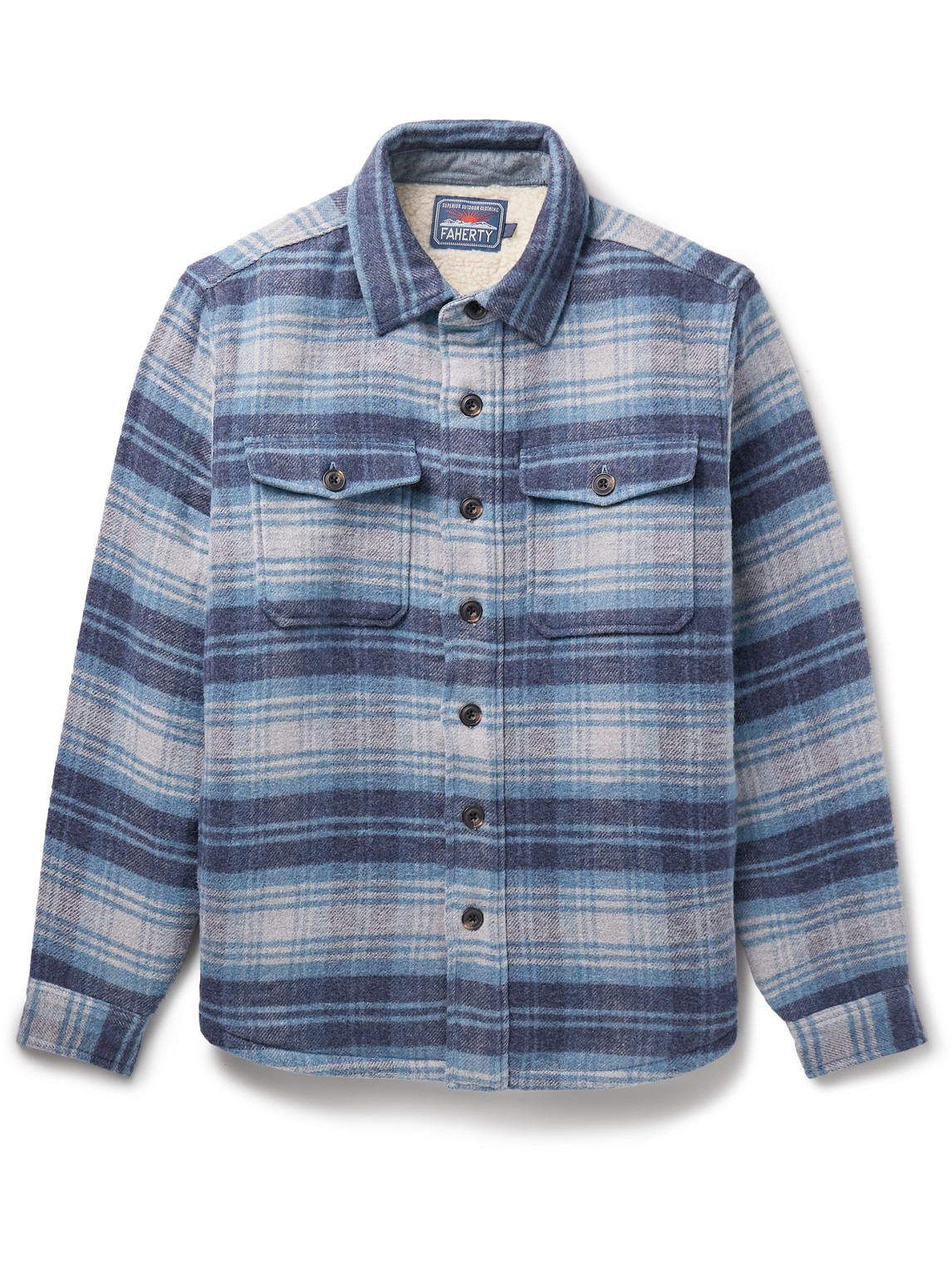 Shop Faherty Cpo Fleece-lined Checked Cotton And Wool-blend Overshirt In Blue