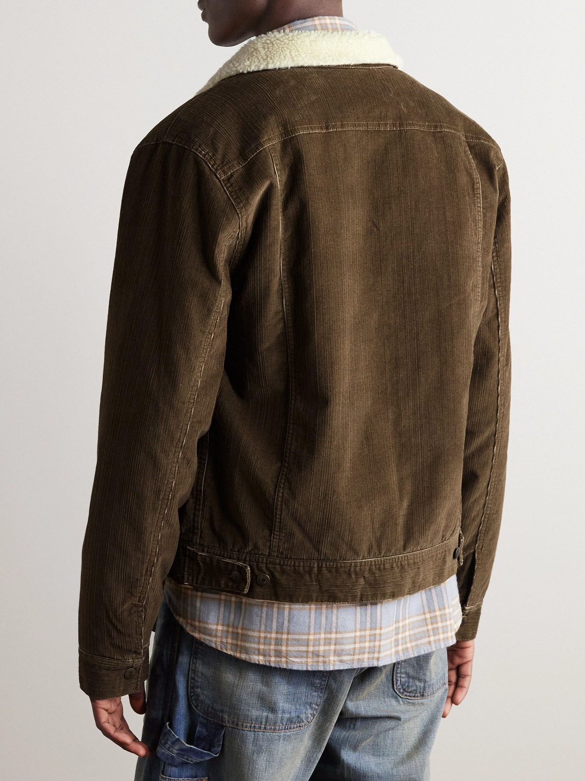 Shop Faherty Fleece-lined Stretch Organic Cotton-corduroy Trucker Jacket In Brown