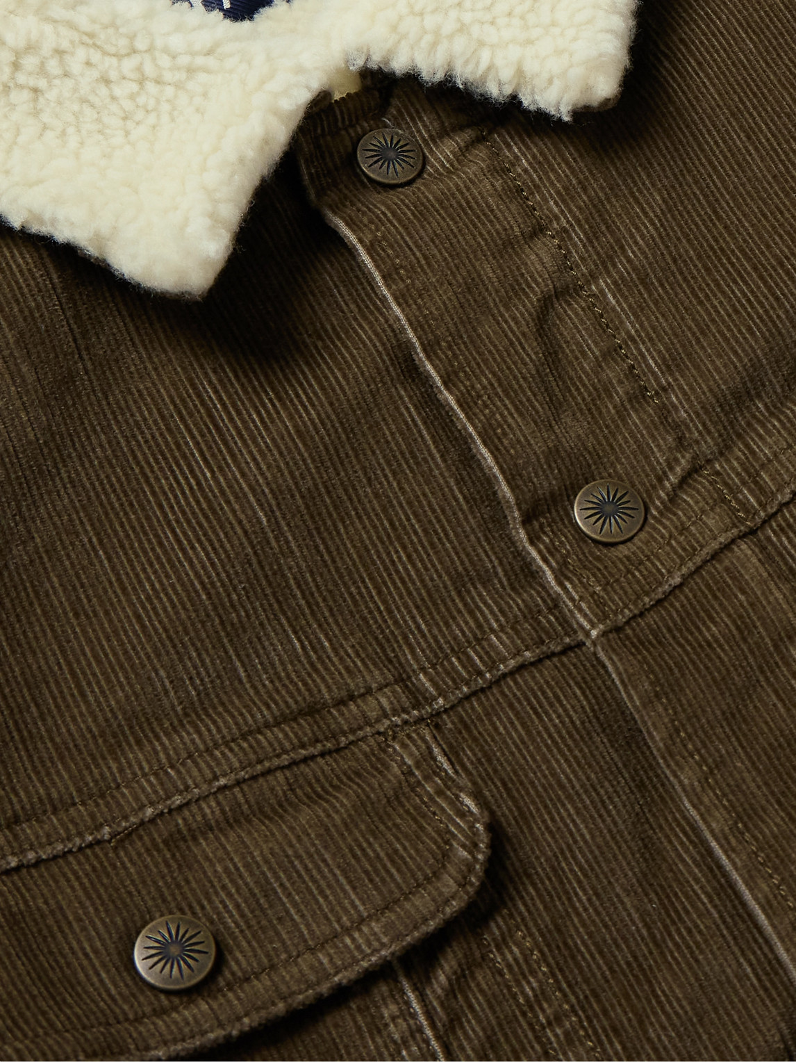 Shop Faherty Fleece-lined Stretch Organic Cotton-corduroy Trucker Jacket In Brown