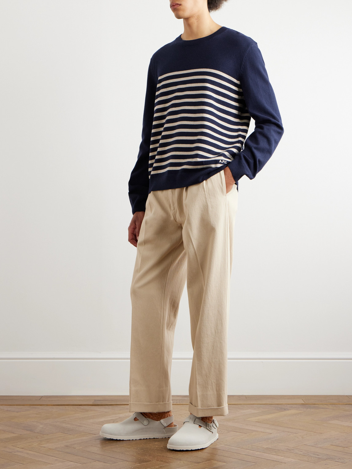Shop Apc Matthew Striped Logo-embroidered Cashmere And Cotton-blend Sweater In Blue