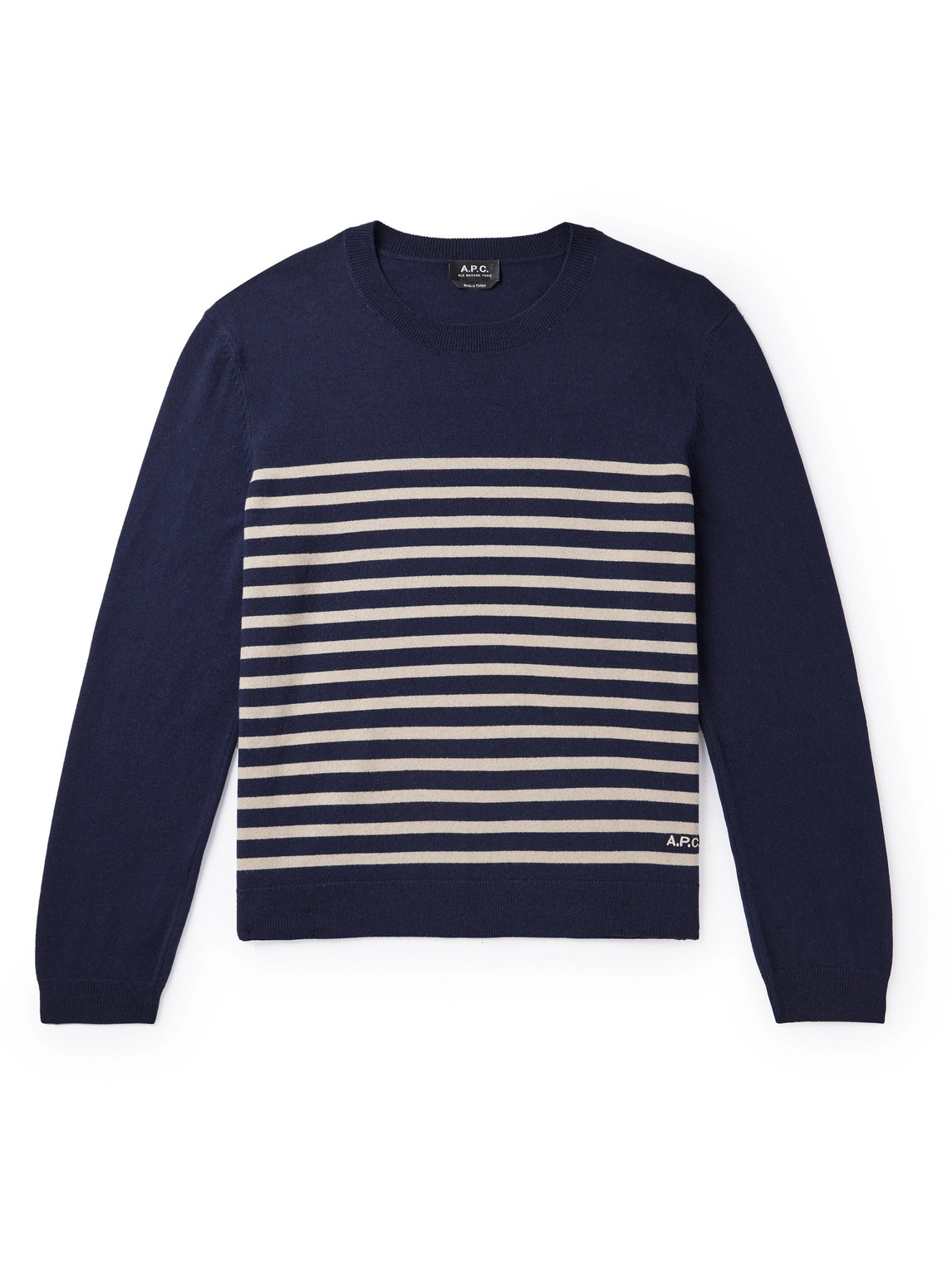 Shop Apc Matthew Striped Logo-embroidered Cashmere And Cotton-blend Sweater In Blue