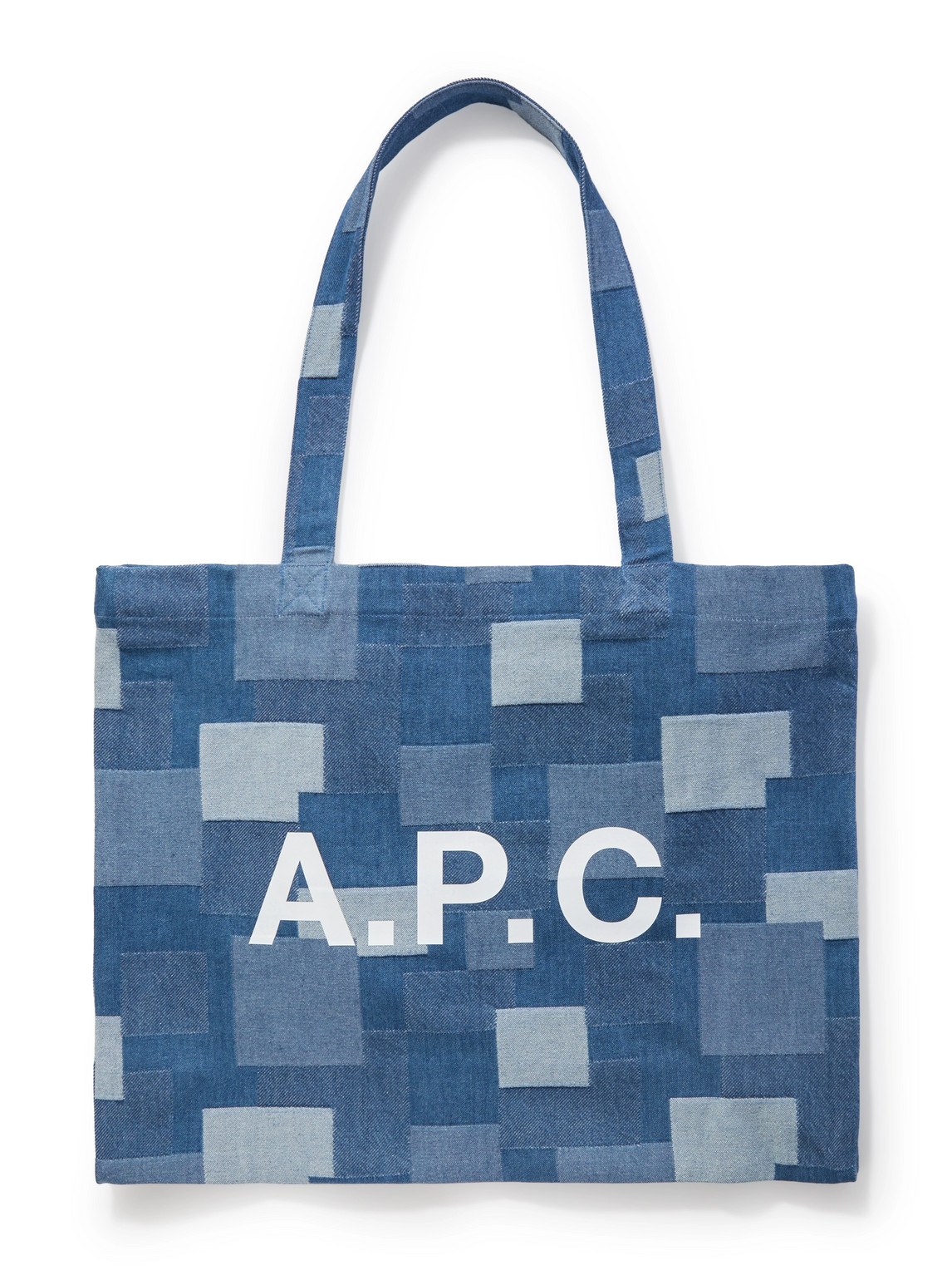 A.P.C. Diane Logo Print Patchwork Stonewashed Denim Tote Bag Smart Closet