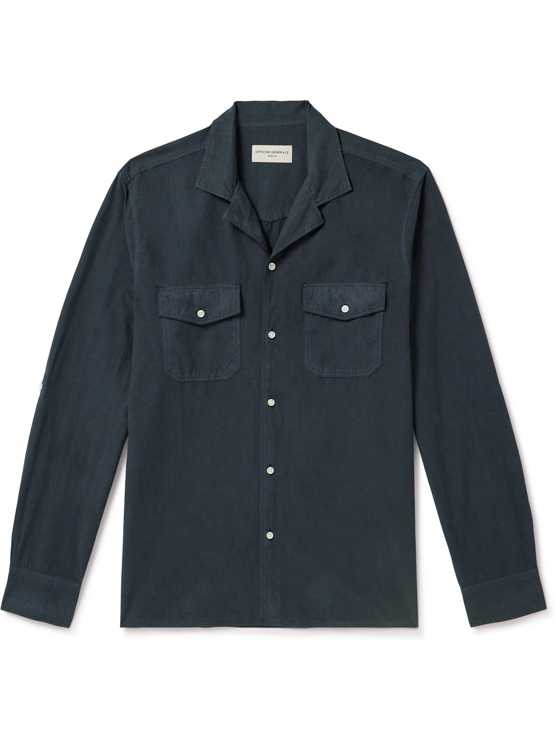 Officine Generale Eric Camp-collar Garment-dyed Lyocell And Cotton-blend Shirt In Blue