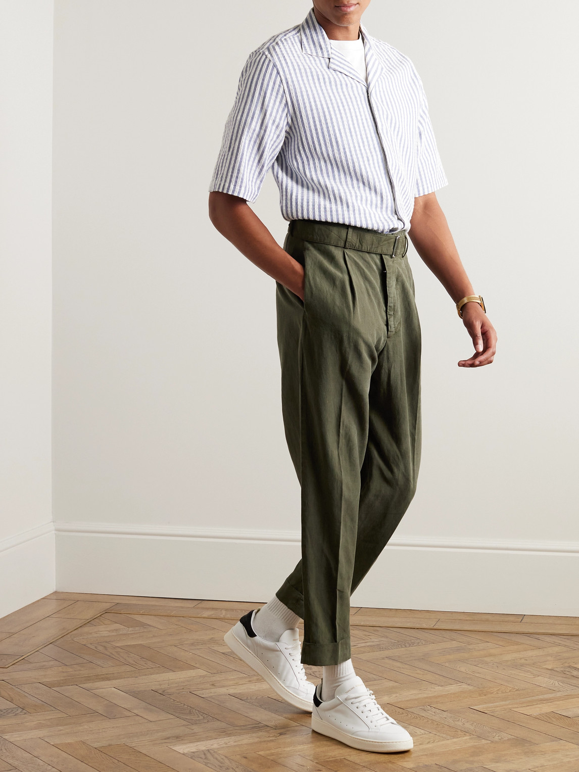 Shop Officine Generale Hugo Tapered Belted Lyocell, Linen And Cotton-blend Trousers In Green