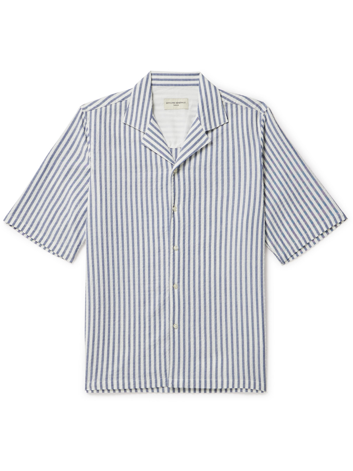 Shop Officine Generale Eren Camp-collar Striped Cotton-blend Seersucker Shirt In Blue