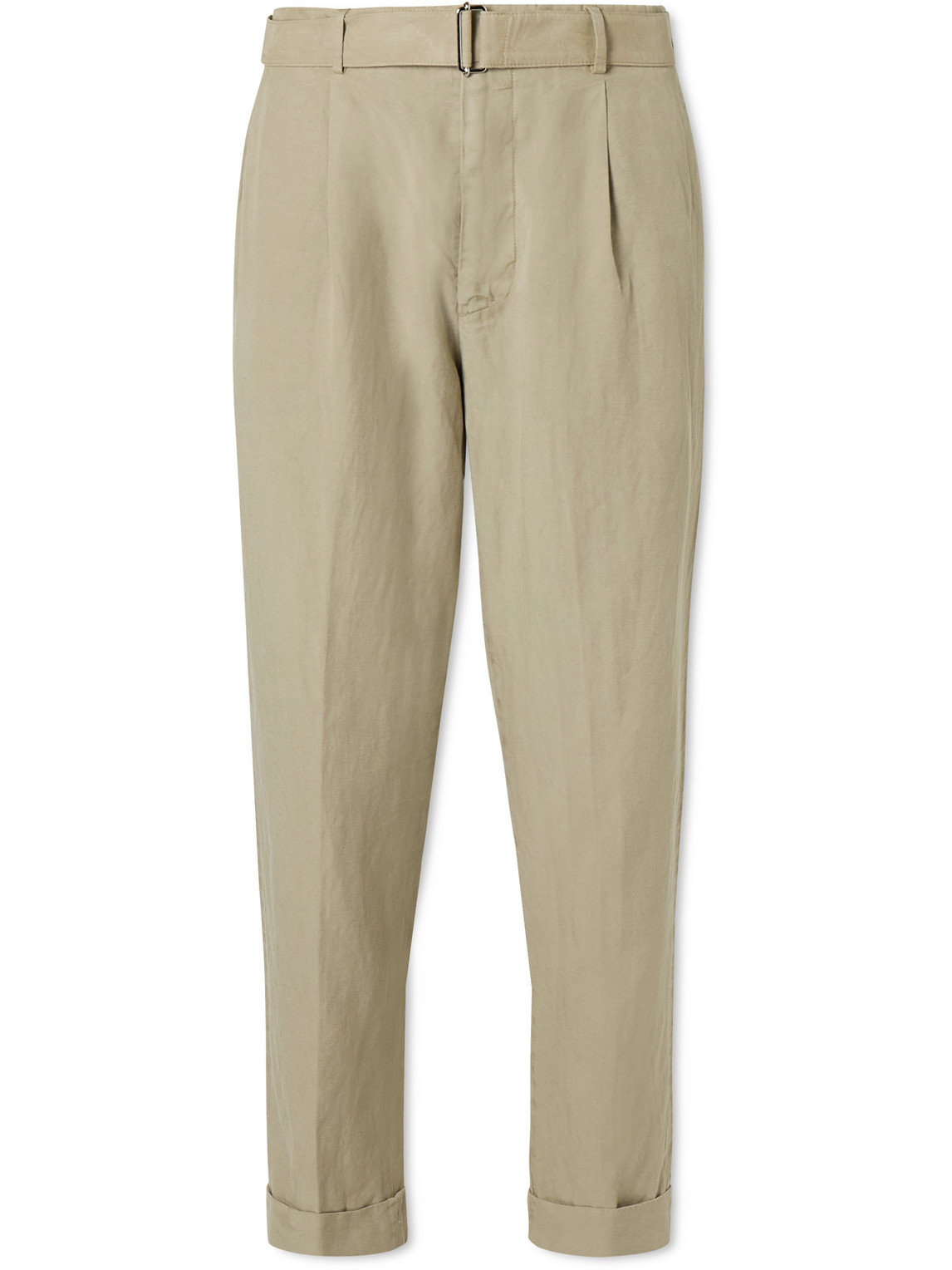 Officine Generale Hugo Tapered Belted Lyocell, Linen And Cotton-blend Suit Trousers In Neutrals