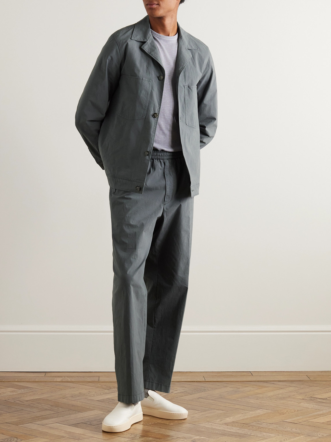 Shop Officine Generale Walter Slim-fit Straight-leg Cotton-blend Poplin Drawstring Trousers In Gray