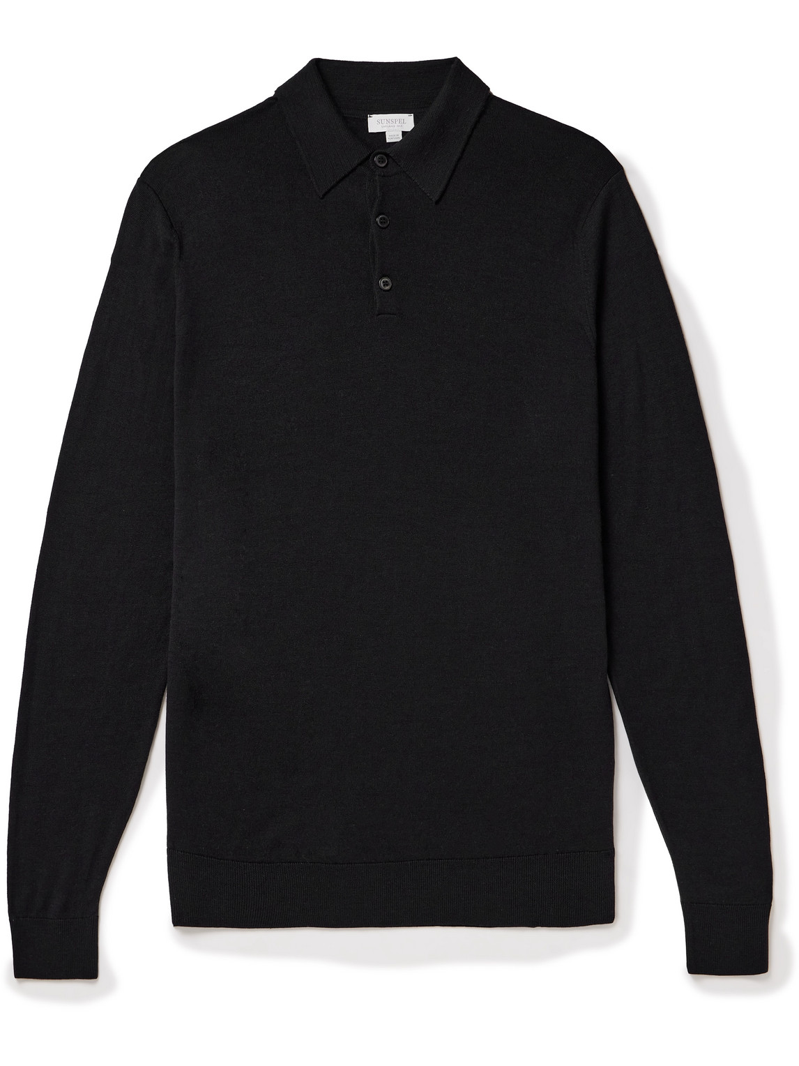Sunspel Merino-wool Long-sleeved Polo Shirt In Black