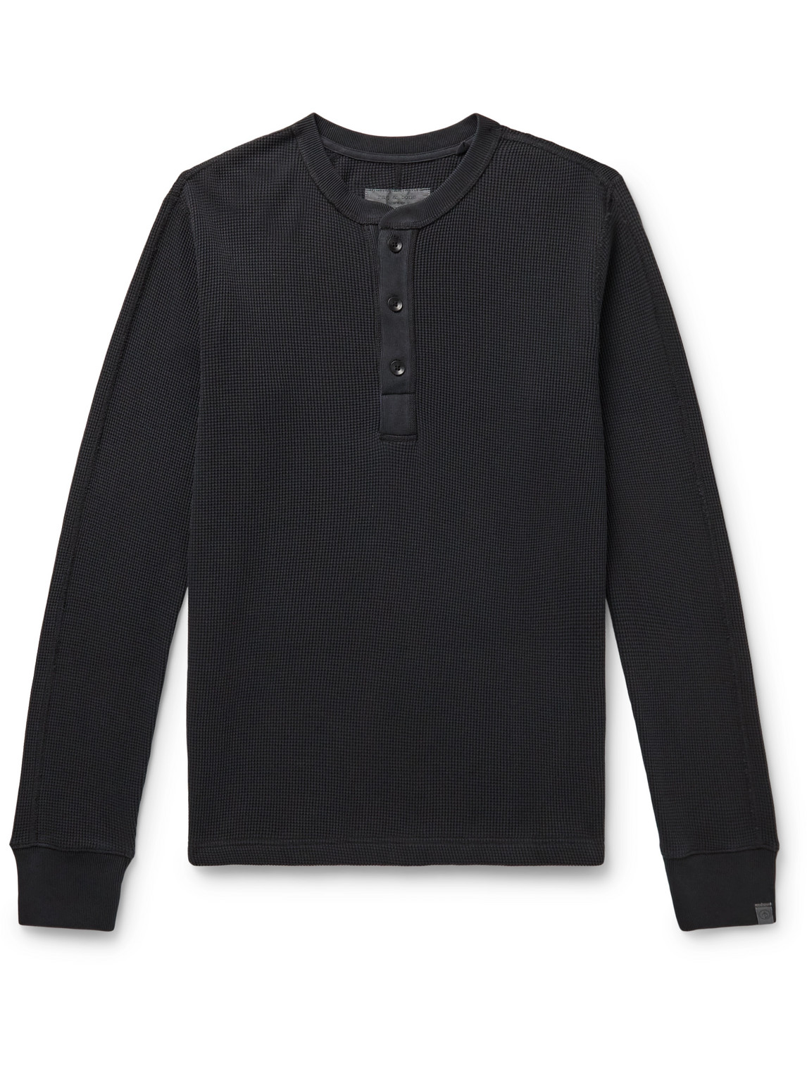 Rag & Bone Slim-fit Garment-dyed Waffle-knit Cotton Henley T-shirt In Black