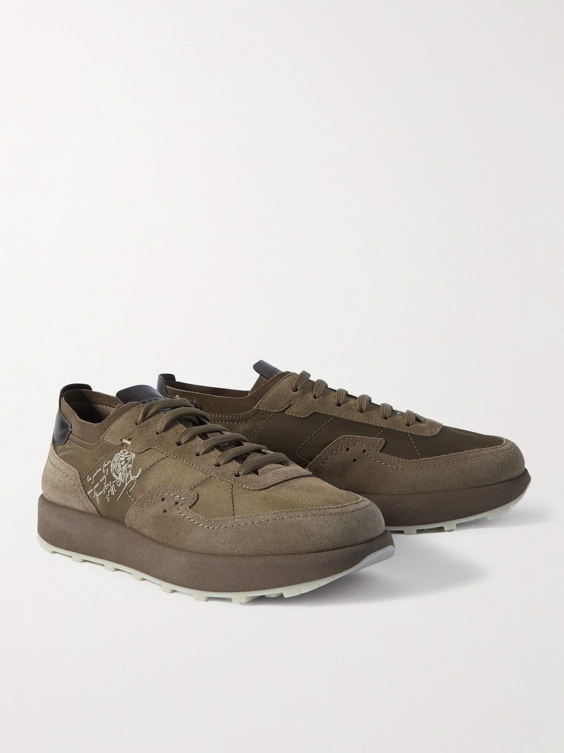 Shop Berluti Light Track Venezia Leather-trimmed Nylon And Suede Sneakers In Green
