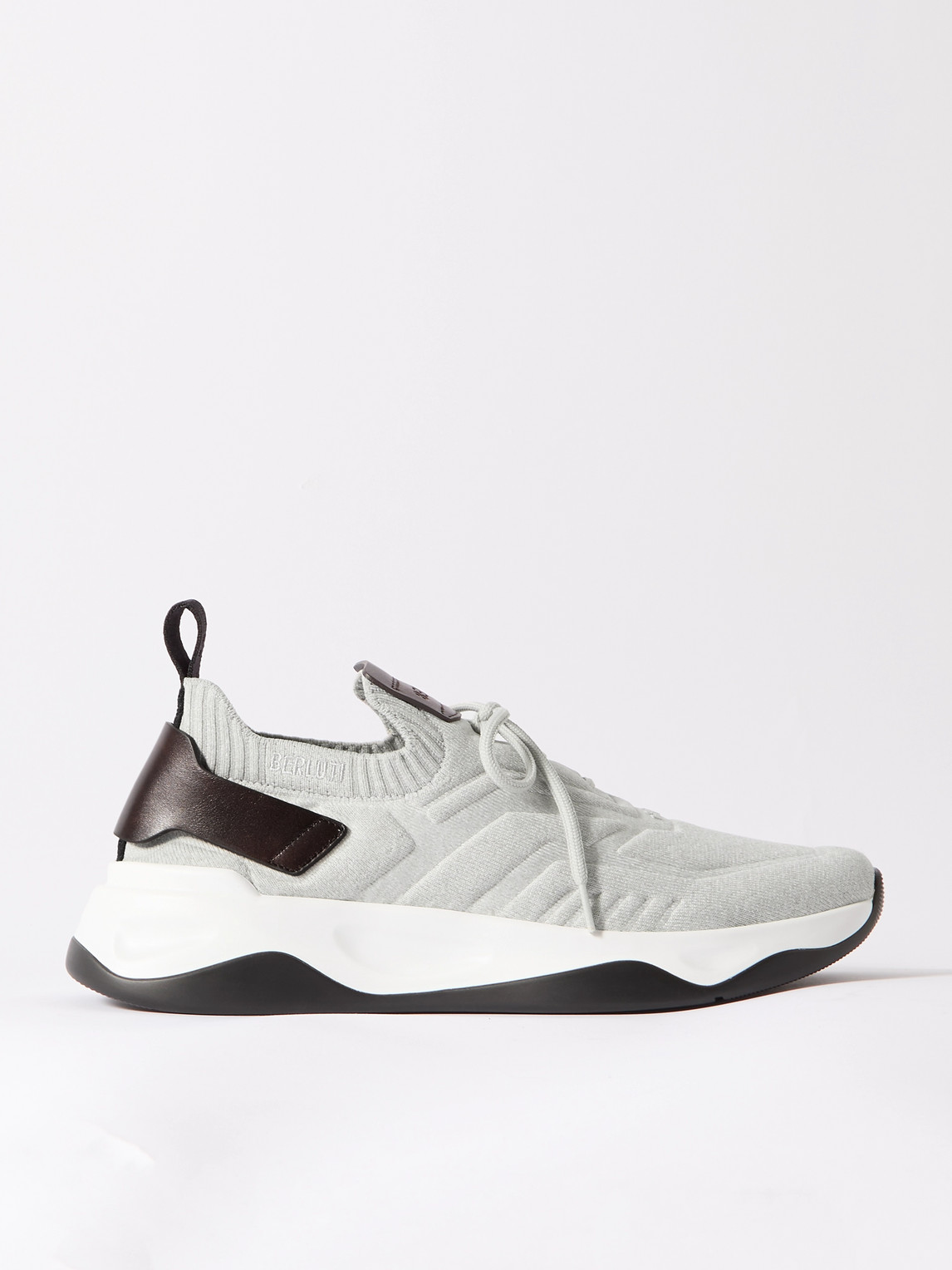 Berluti Shadow Leather-trimmed Stretch-knit Sneakers In Gray