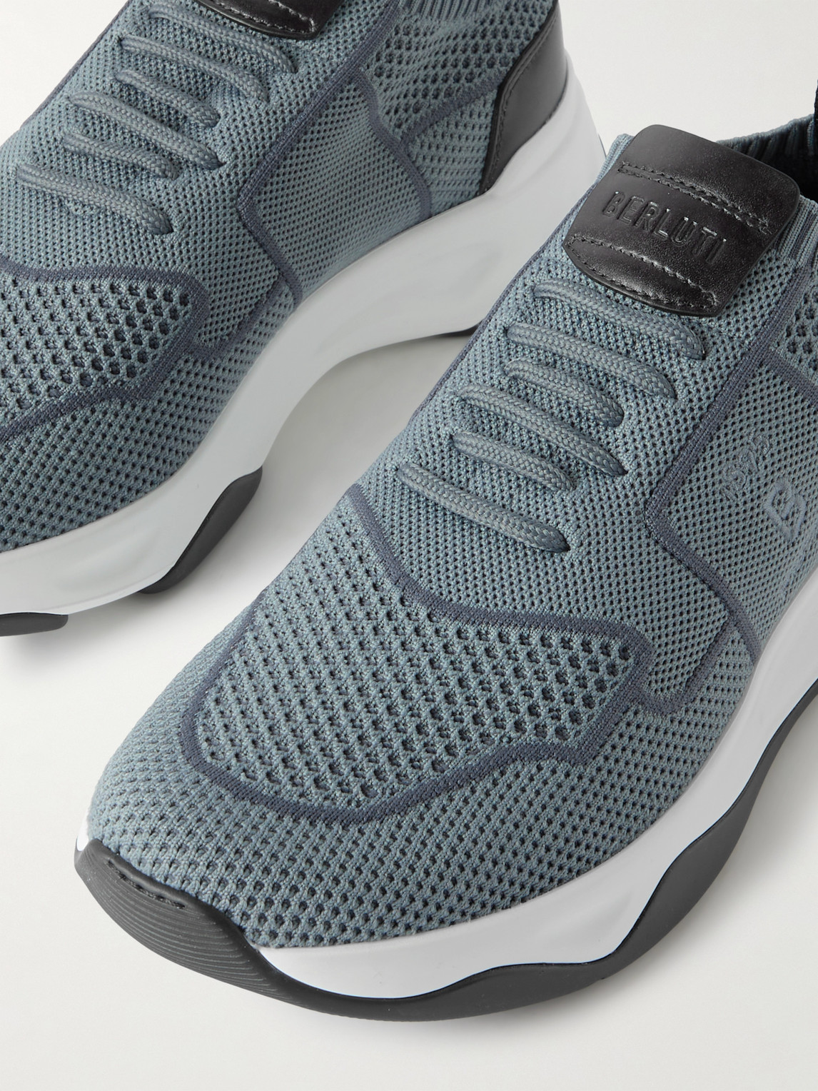 Shop Berluti Shadow Leather-trimmed Stretch-knit Sneakers In Gray