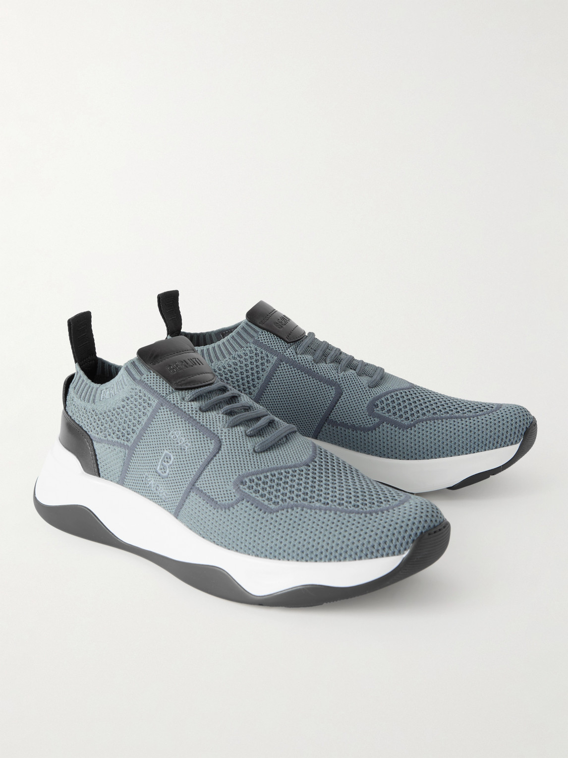 Shop Berluti Shadow Leather-trimmed Stretch-knit Sneakers In Gray