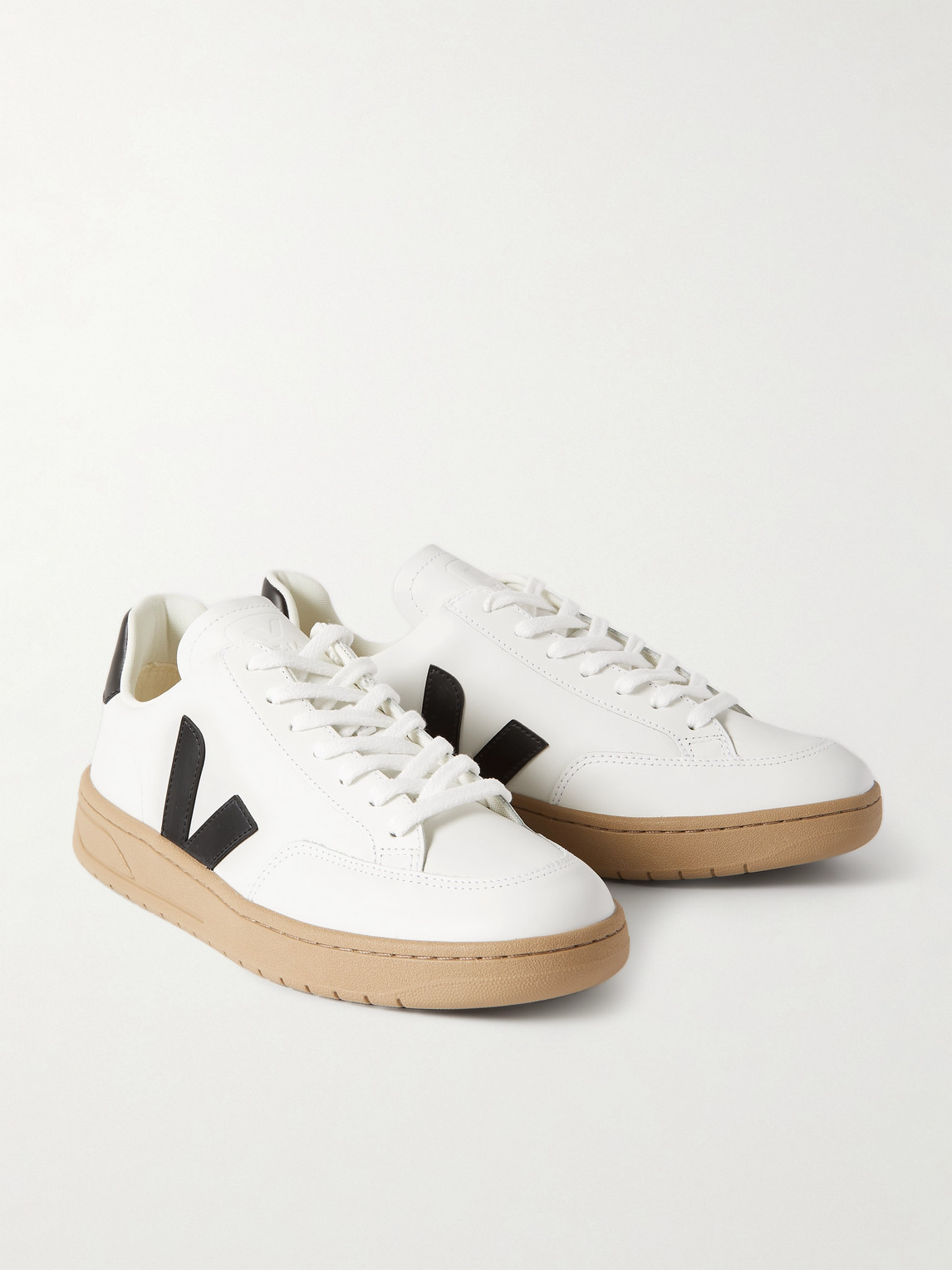 Shop Veja V-12 Rubber-trimmed Leather Sneakers In White