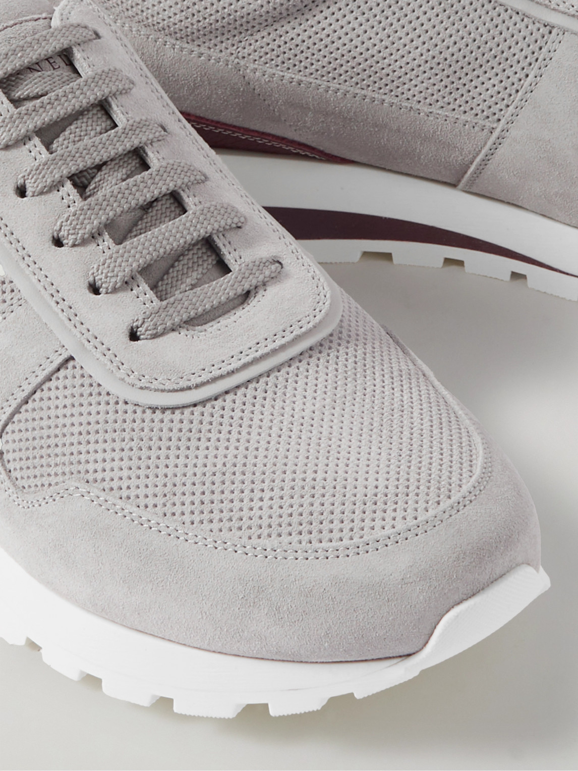 Shop Brunello Cucinelli Olimpo Leather-trimmed Perforated Suede Sneakers In Gray