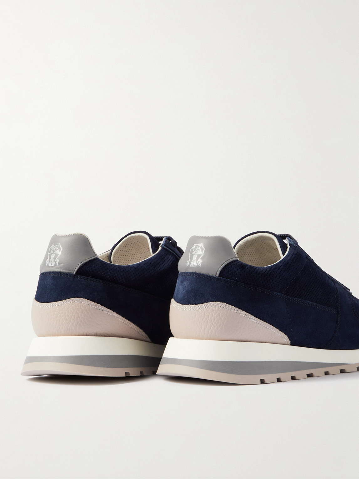 Shop Brunello Cucinelli Olimpo Leather-trimmed Perforated Suede Sneakers In Blue