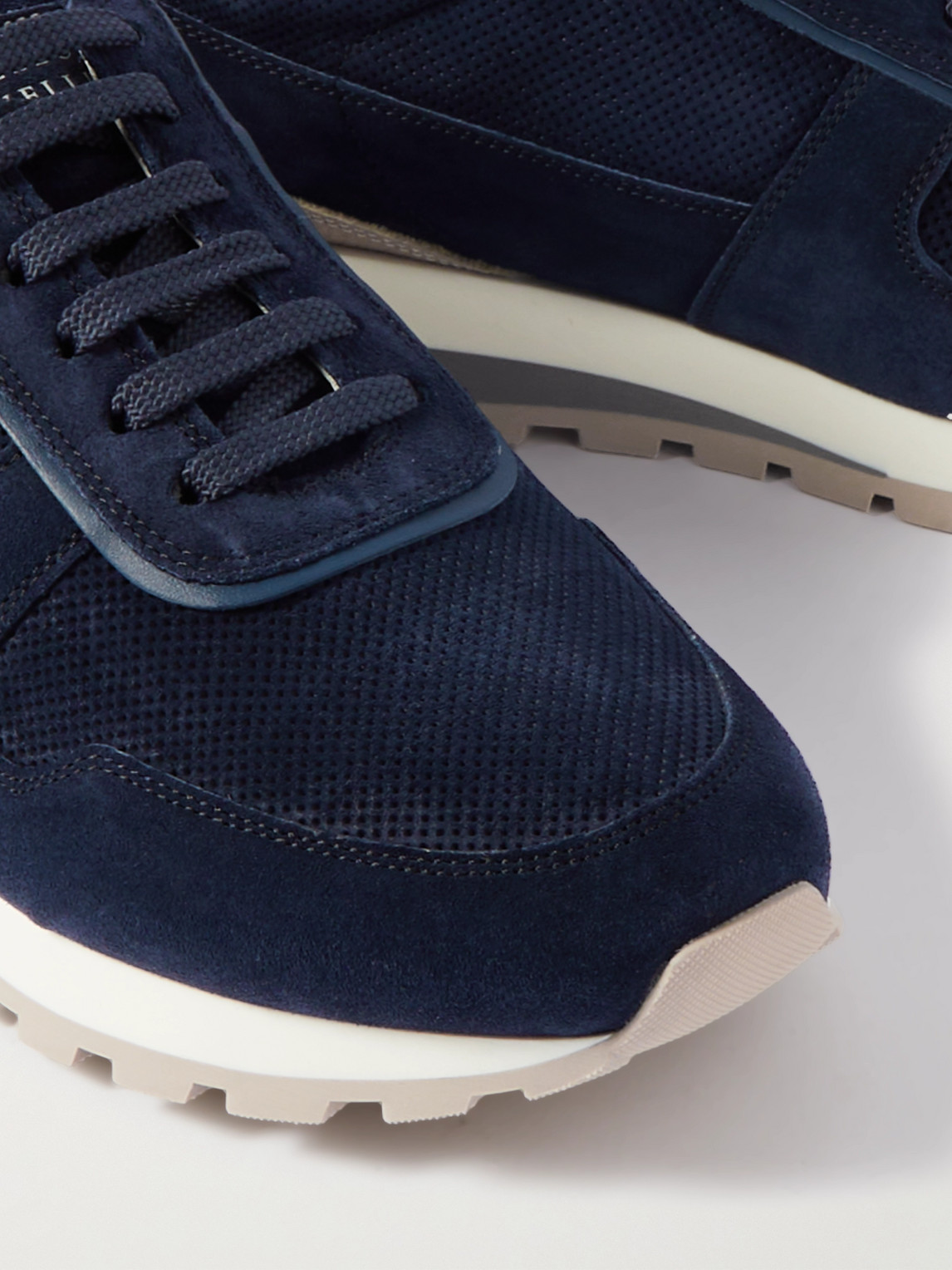 Shop Brunello Cucinelli Olimpo Leather-trimmed Perforated Suede Sneakers In Blue