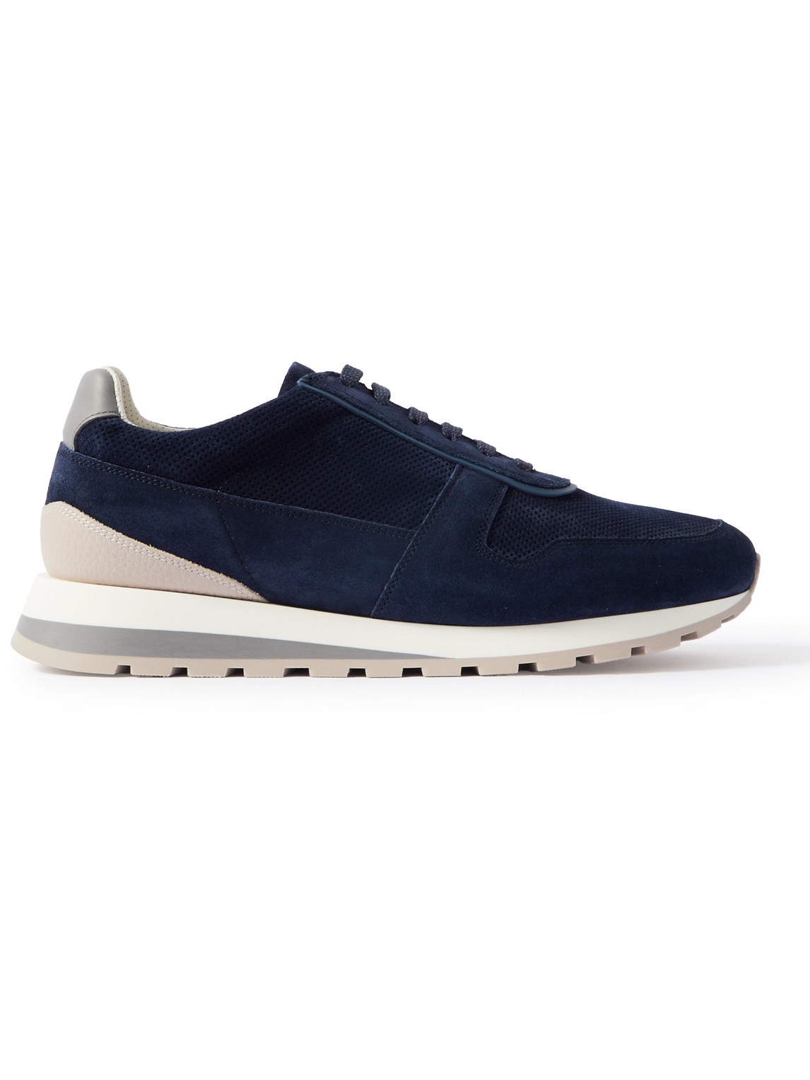 Brunello Cucinelli Olimpo Leather-trimmed Perforated Suede Sneakers In Blue