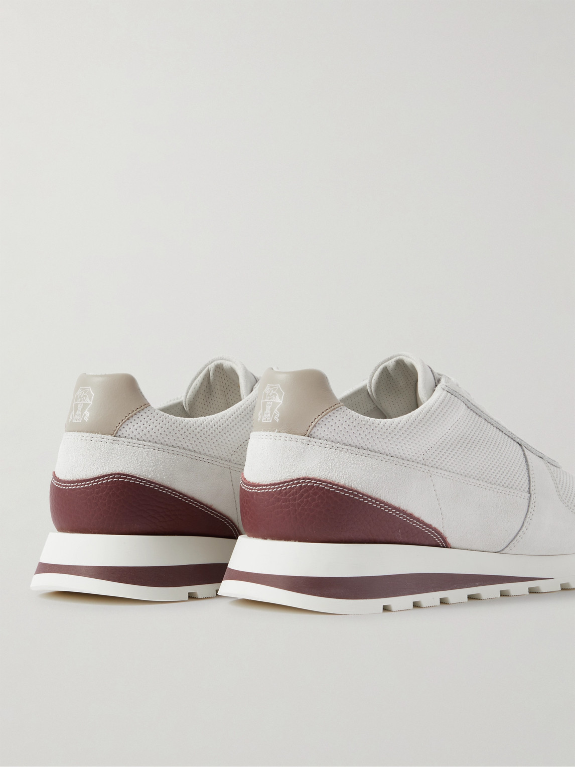 Shop Brunello Cucinelli Olimpo Leather-trimmed Perforated Suede Sneakers In White
