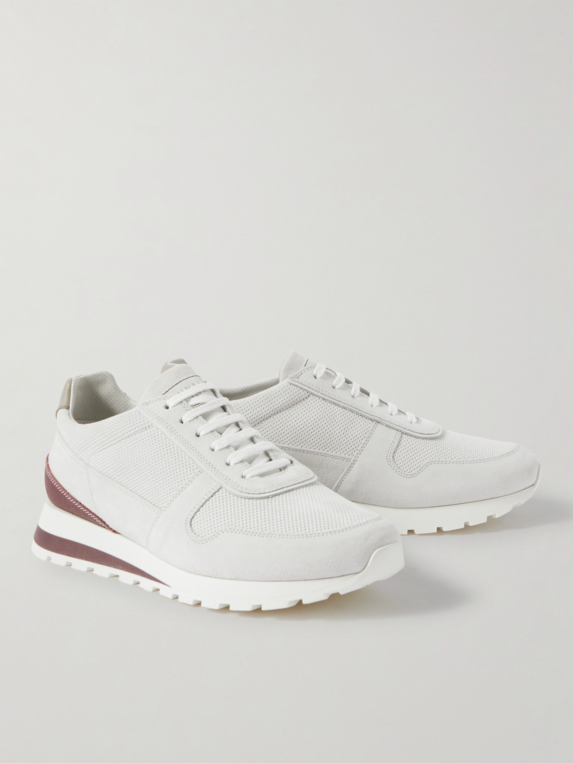 Shop Brunello Cucinelli Olimpo Leather-trimmed Perforated Suede Sneakers In White