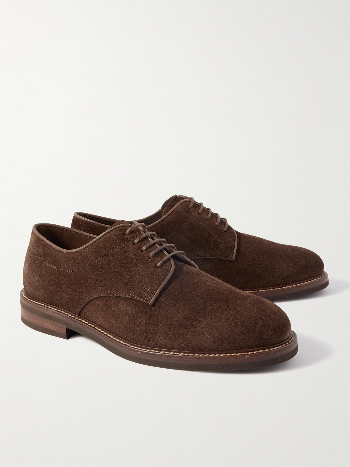 Shop Brunello Cucinelli Leather-trimmed Suede Derby Shoes In Brown