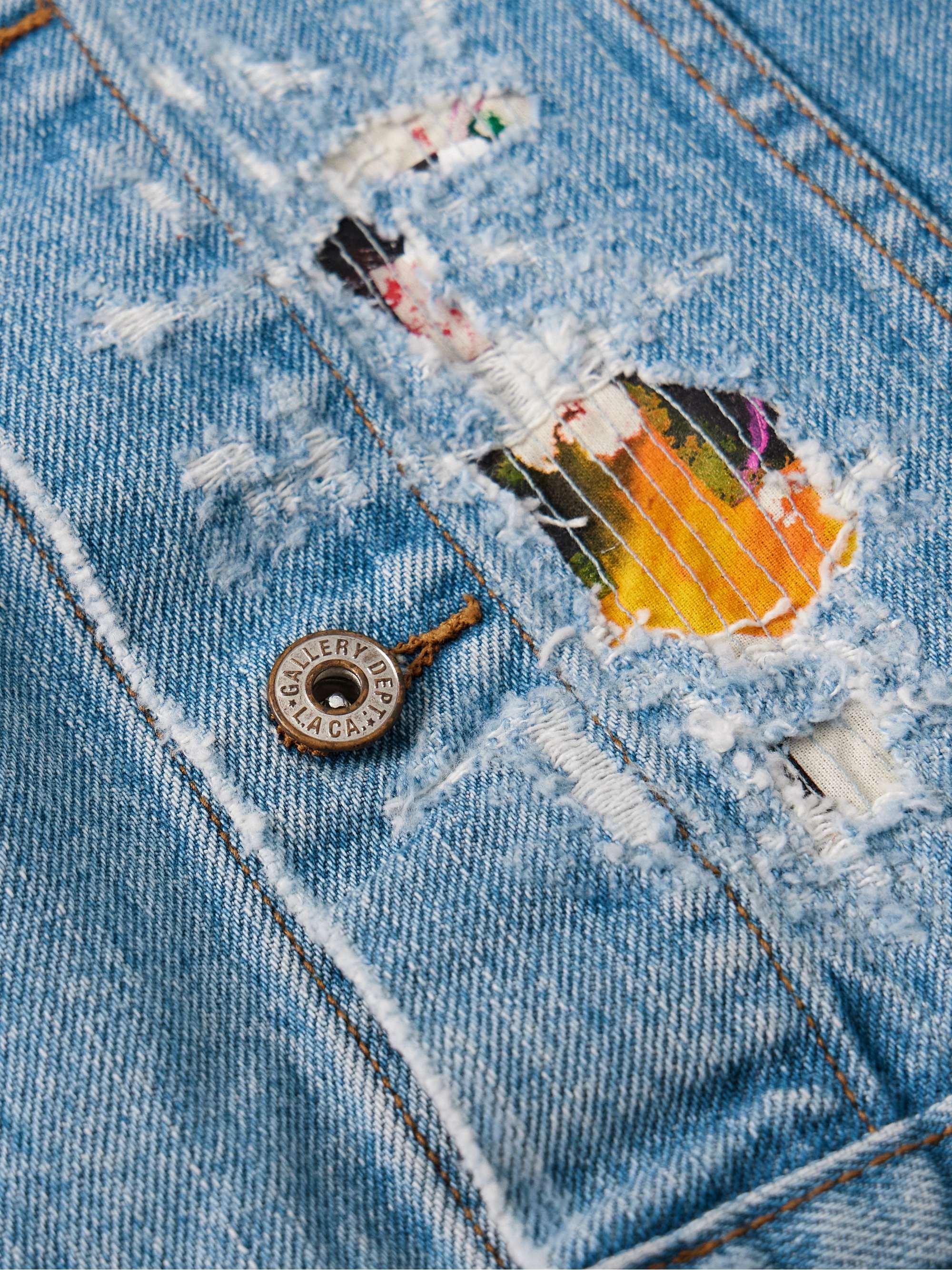 Blue Andy Distressed Layered Printed Denim Jacket | GALLERY Blue Andy Distressed Layered Printed Denim Jacket | GALLERY