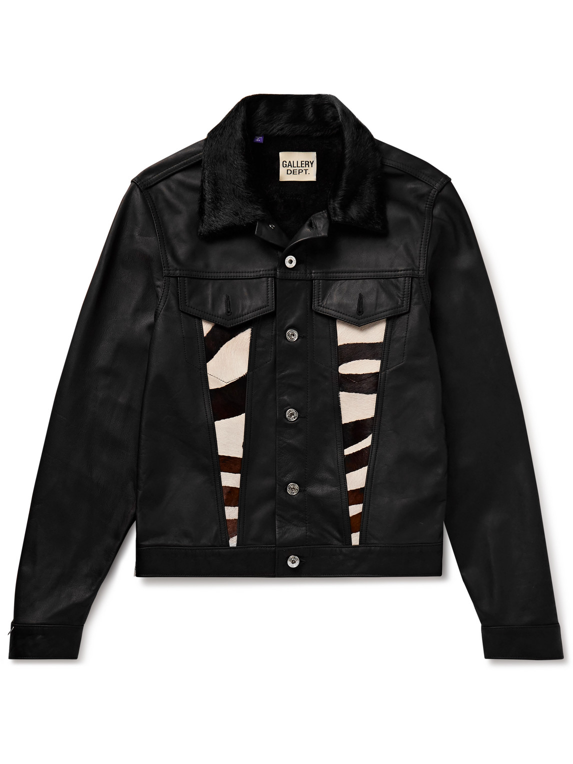 Gallery Dept. Calf Hair-trimmed Embroidered Leather Trucker Jacket In Black