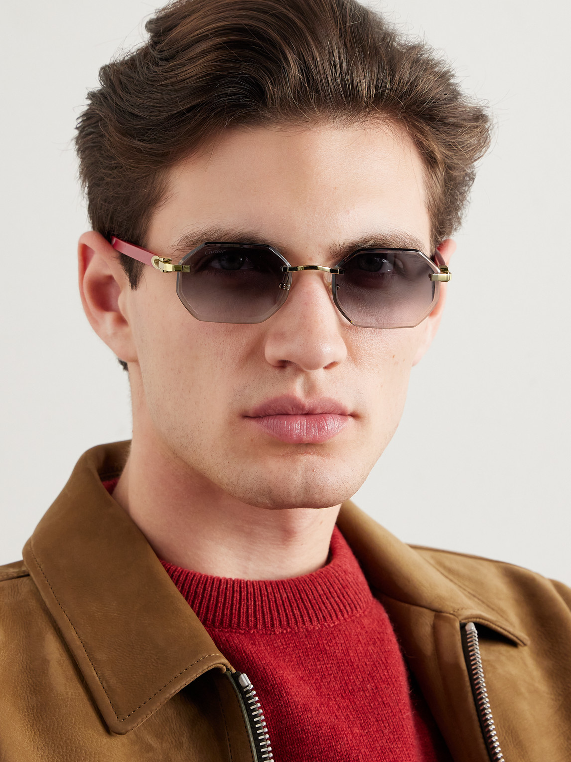 Shop Cartier Octagon-frame Gold-tone And Wood Sunglasses In Red