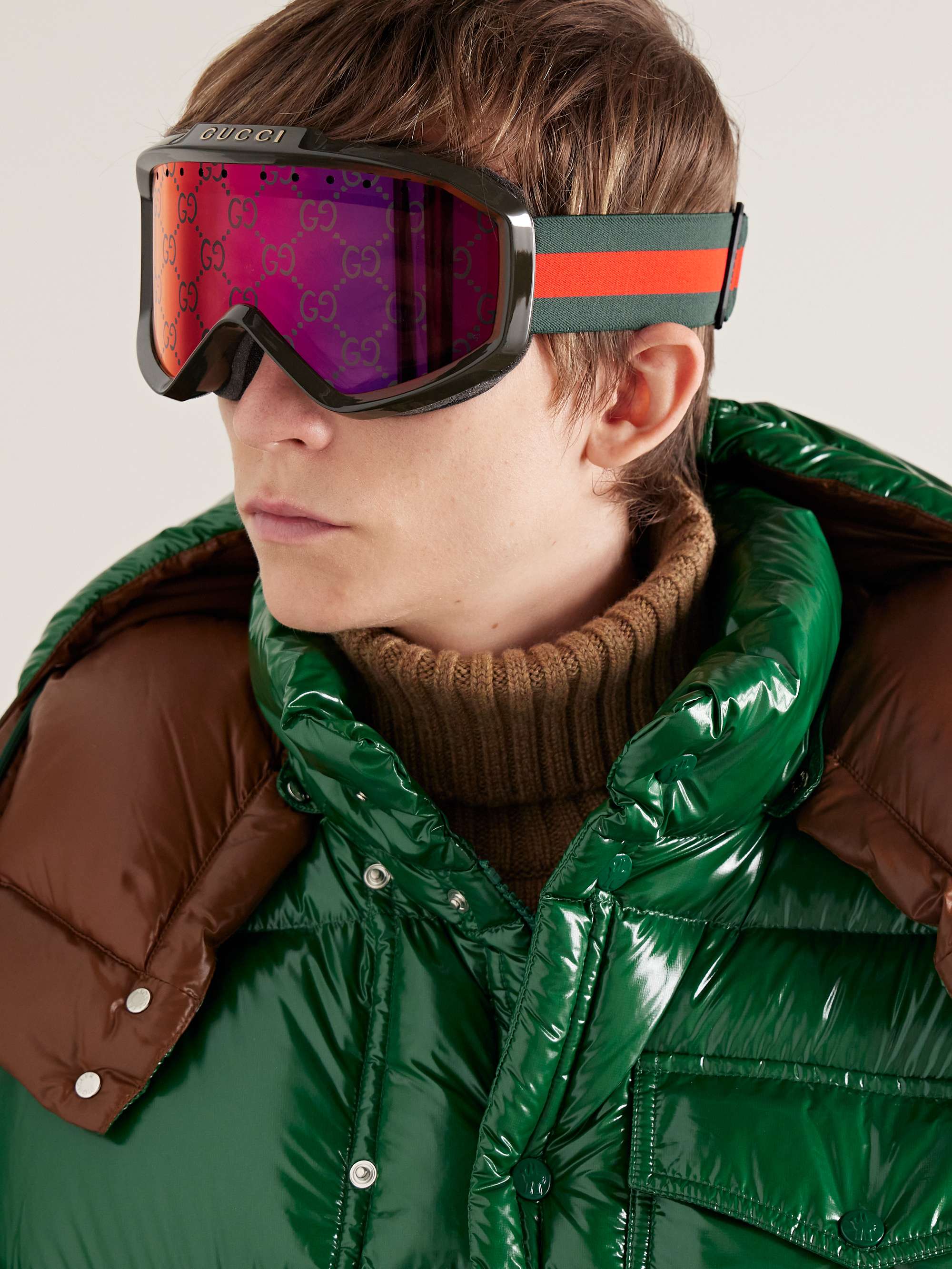 GUCCI EYEWEAR Skibrille aus Azetat mit verspiegelten Gläsern und Webband