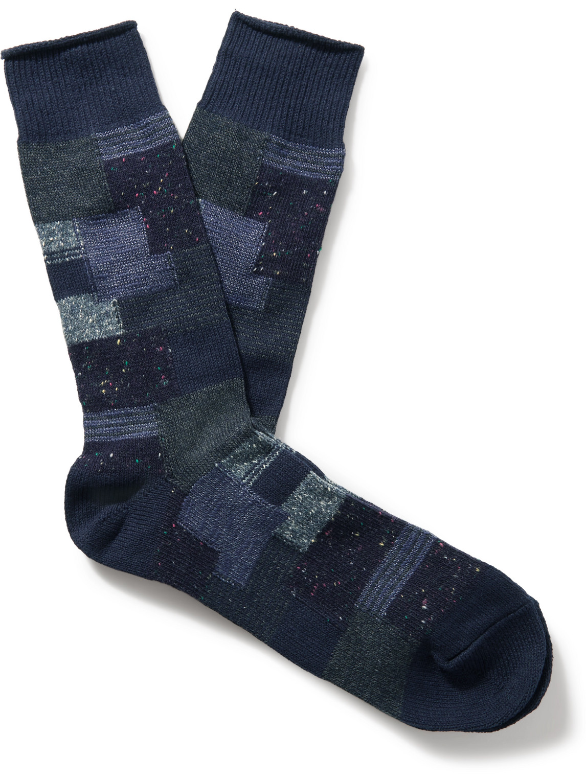 Anonymous Ism Patchwork Jacquard-knit Cotton-blend Socks In Blue