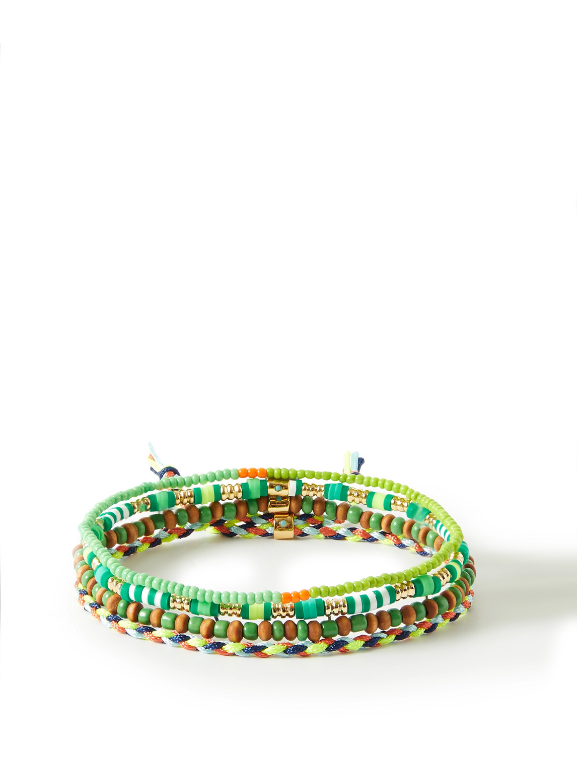 Roxanne Assoulin Bunch Set Of Four Cord, Enamel, Wood And Gold-tone Beaded Bracelets In Green