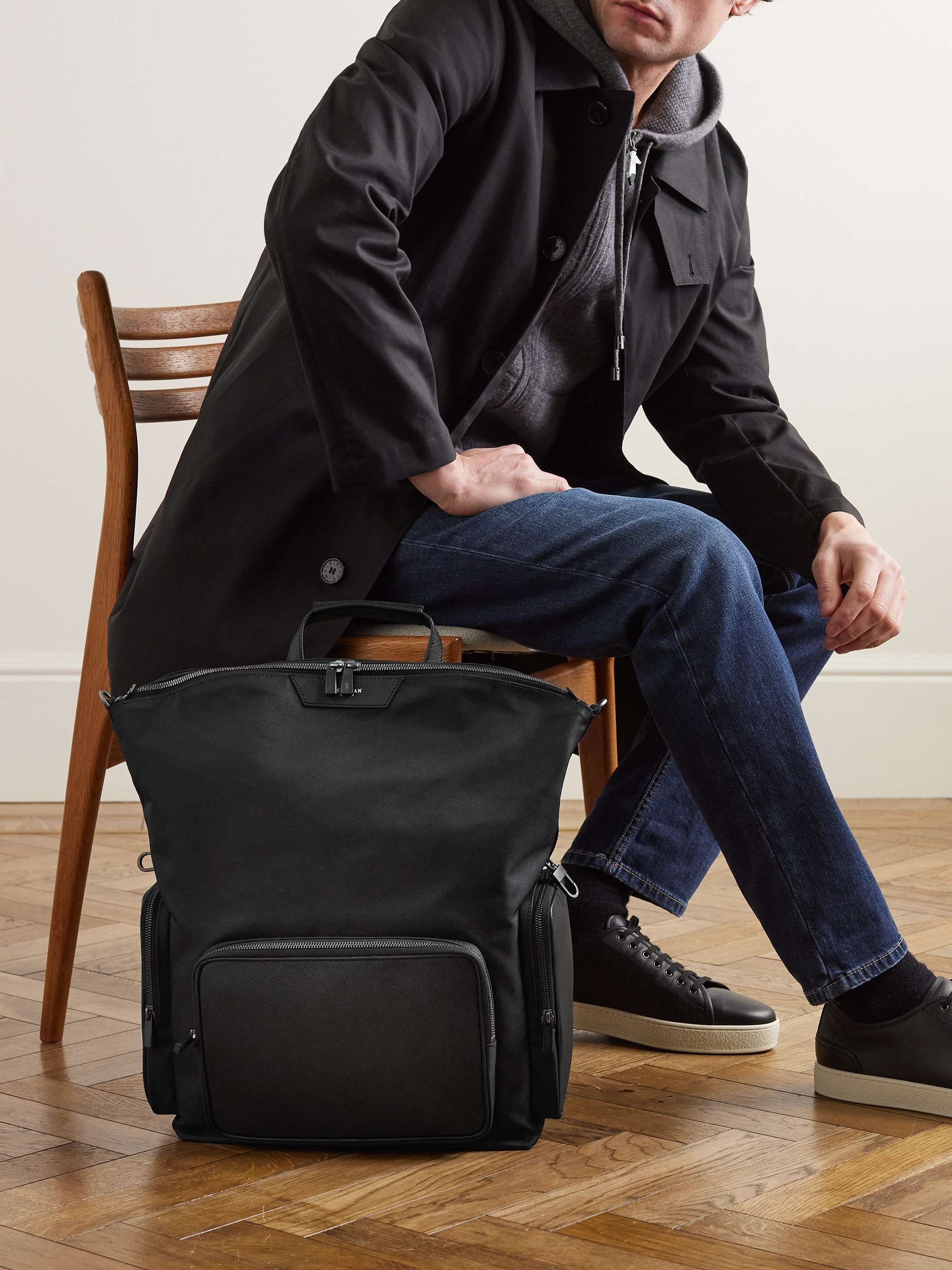 SERAPIAN Evoluzione Full Grain Leather Trimmed Twill Backpack for