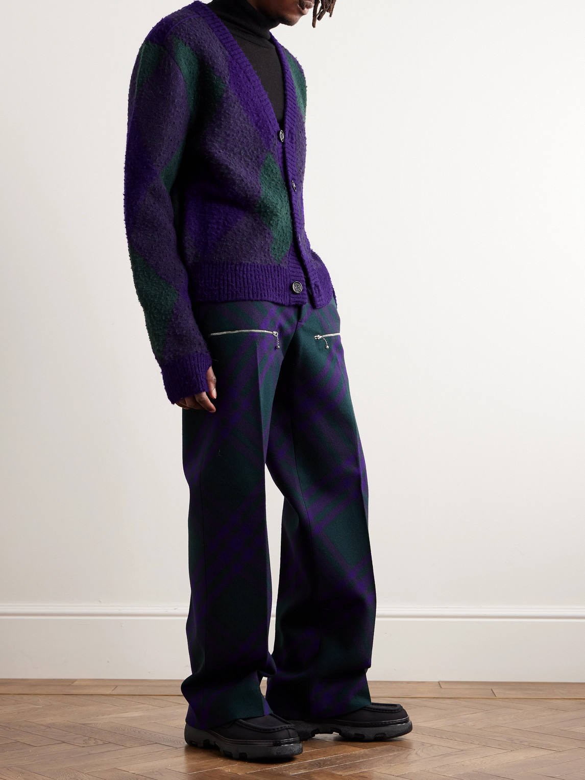 Shop Burberry Jacquard-knit Argyle Brushed-wool Cardigan In Purple