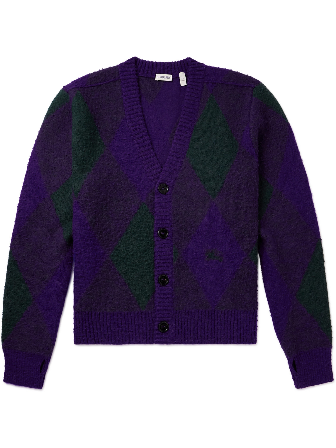 Shop Burberry Jacquard-knit Argyle Brushed-wool Cardigan In Purple