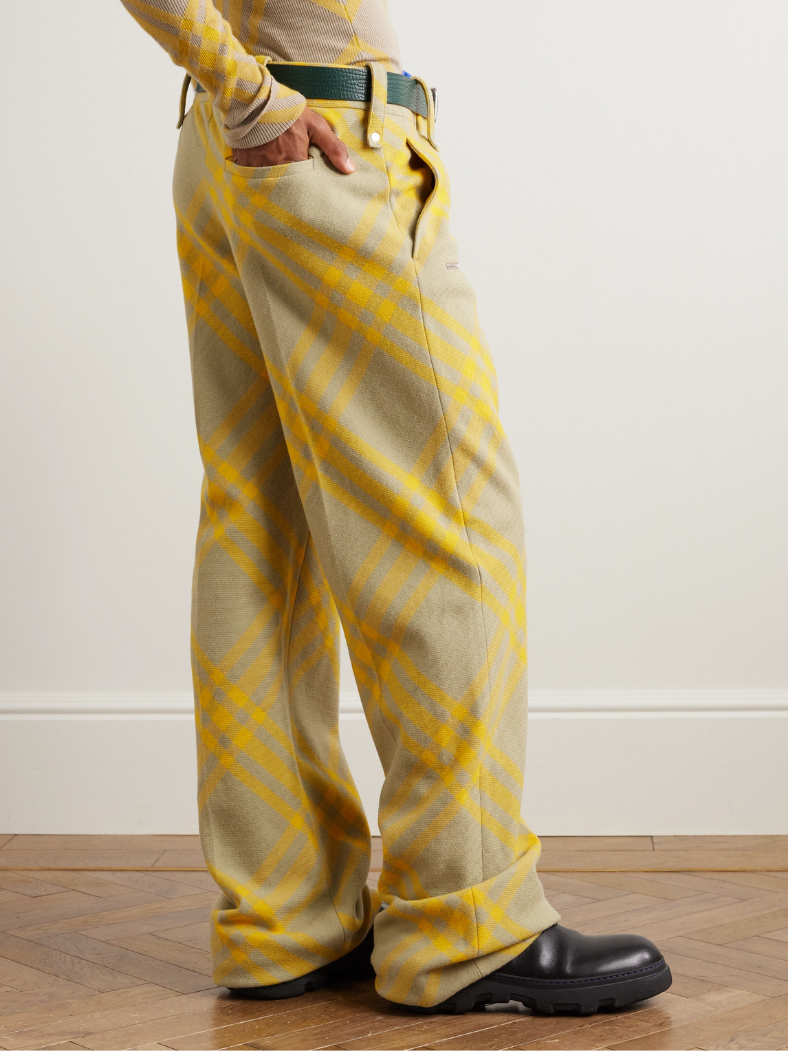 Shop Burberry Wide-leg Checked Virgin Wool-twill Trousers In Yellow