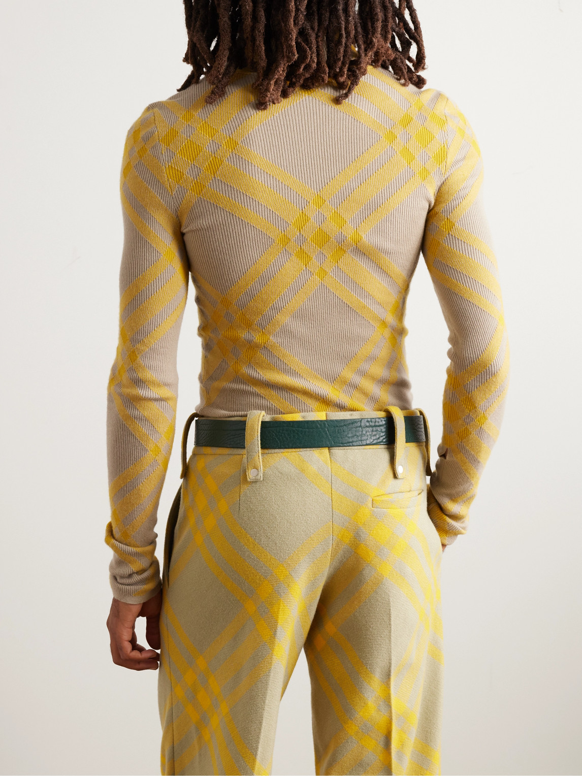 Shop Burberry Checked Ribbed Wool-blend Rollneck Sweater In Yellow