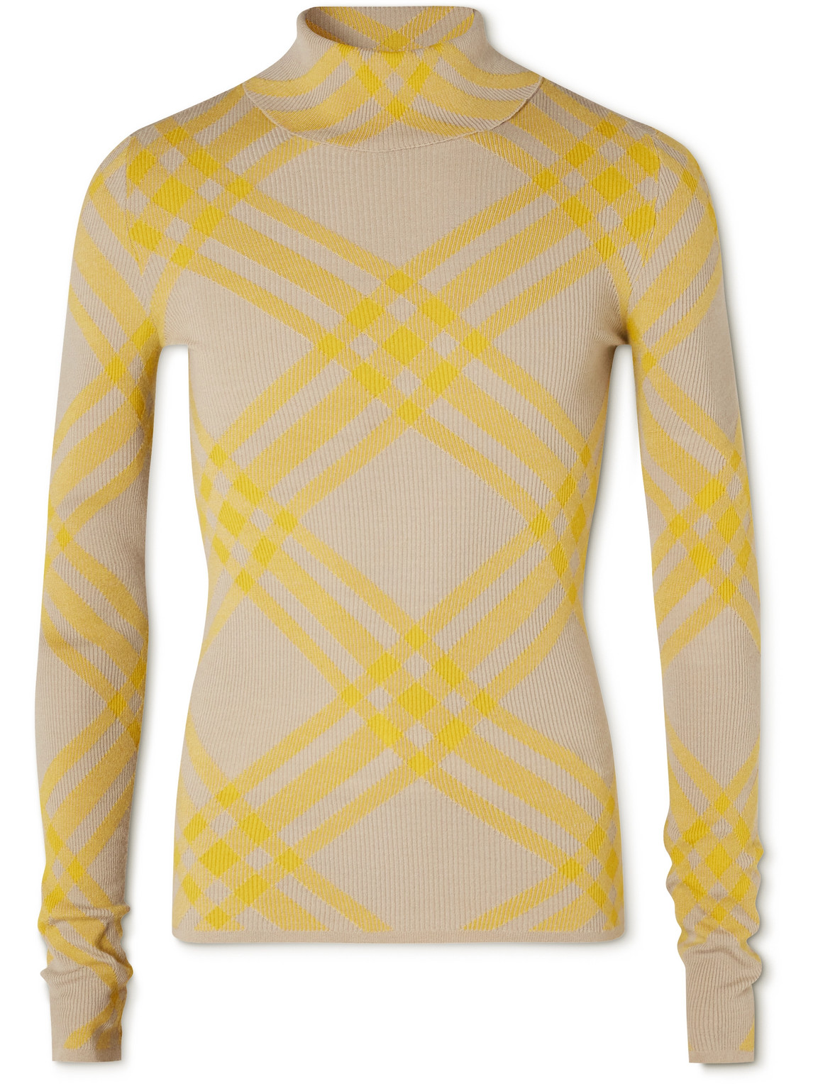 Shop Burberry Checked Ribbed Wool-blend Rollneck Sweater In Yellow
