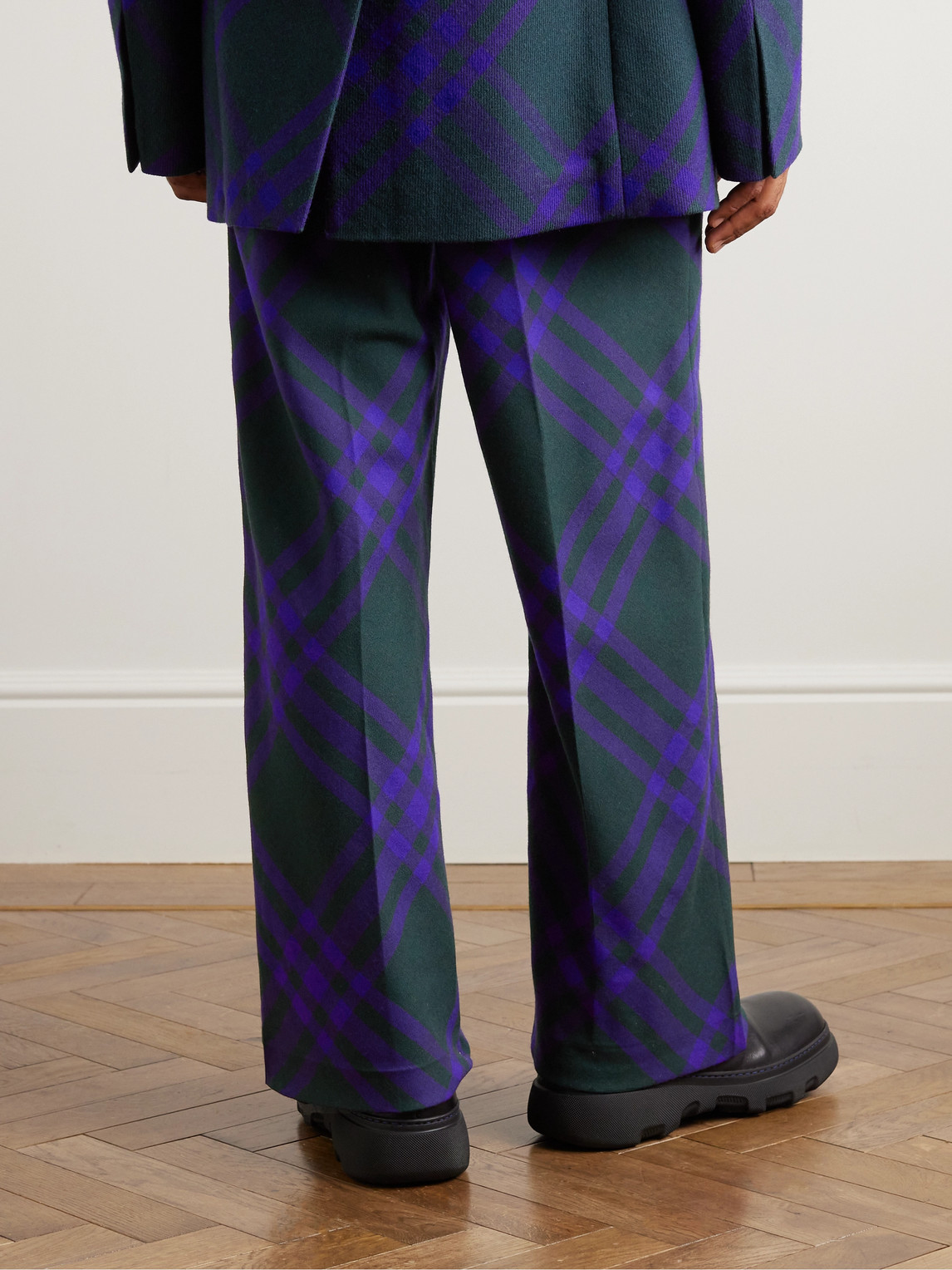 Shop Burberry Wide-leg Bleated Checked Virgin Wool Trousers In Blue
