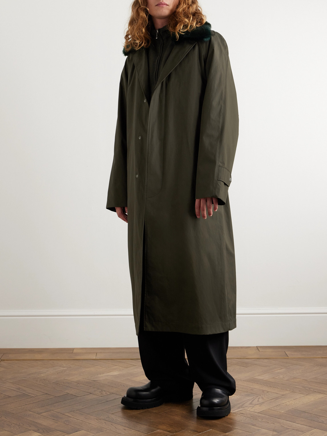 Shop Burberry Faux Fur-trimmed Belted Cotton-gabardine Car Coat In Green