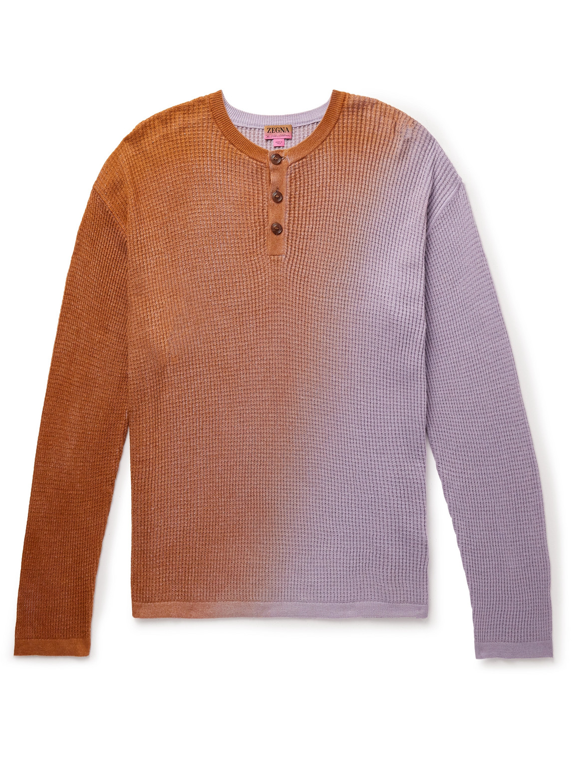 Zegna X The Elder Statesman Dégradé Waffle-knit Cotton And Oasi Cashmere-blend Henley T-shirt In Orange