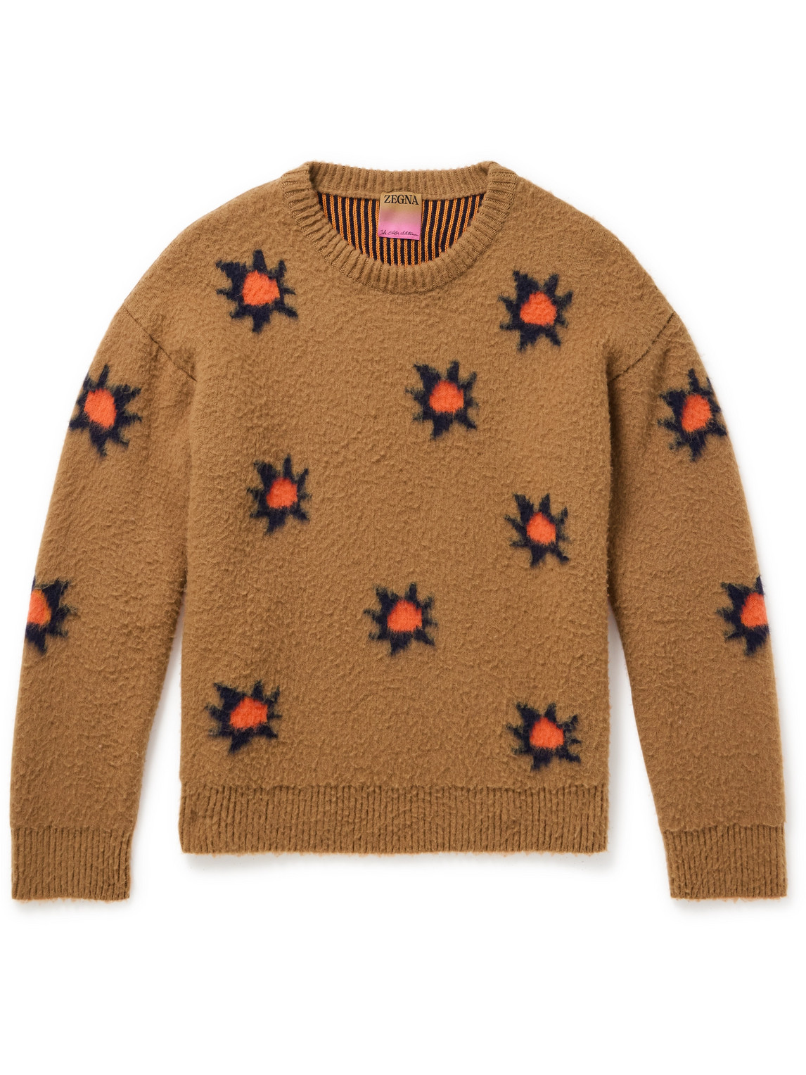 Zegna X The Elder Statesman Intarsia Wool And Oasi Cashmere-blend Jumper In Brown