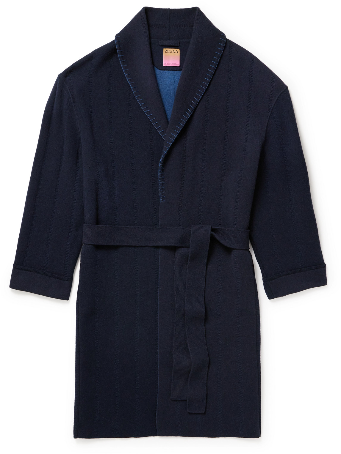 Zegna X The Elder Statesman Shawl-collar Belted Embroidered Oasi Cashmere And Wool-blend Robe In Blue
