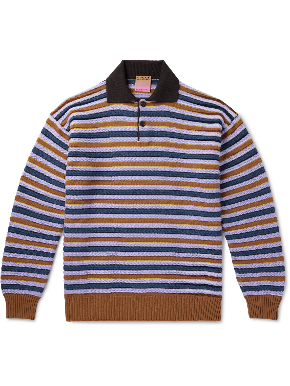 Zegna X The Elder Statesman Striped Cashmere And Wool-blend Polo Shirt In Blue