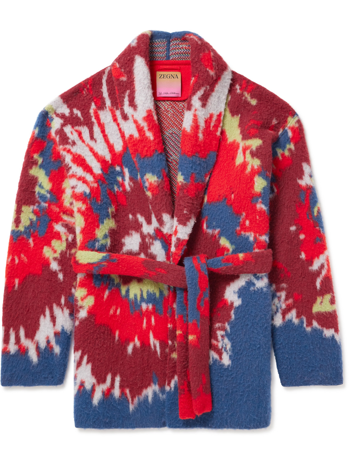 Zegna X The Elder Statesman Shawl-collar Jacquard-knit Oasi Cashmere And Wool-blend Cardigan In 110 Red, Blue, Green